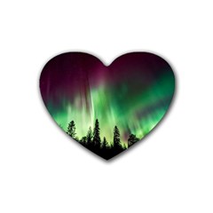 Aurora Borealis Northern Lights Forest Trees Woods Rubber Heart Coaster (4 Pack) by danenraven