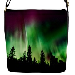 Aurora Borealis Northern Lights Forest Trees Woods Flap Closure Messenger Bag (s) by danenraven