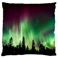 Aurora Borealis Northern Lights Forest Trees Woods Large Flano Cushion Case (two Sides) by danenraven