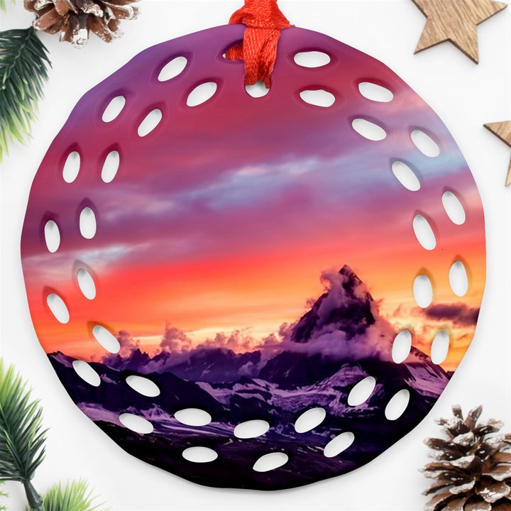 Matterhorn Mountains Sunset Dusk Snow Winter Round Filigree Ornament (Two Sides)