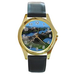 Mountain Landscape Rocky Rocks Geology Scenic Round Gold Metal Watch by danenraven