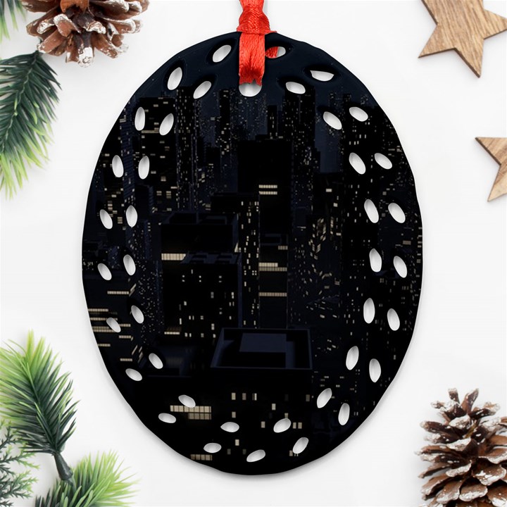 City Night Urban Downtown Science Tower Halo Oval Filigree Ornament (Two Sides)