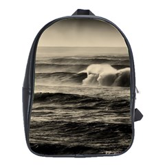 Sea Ocean Waves Sunset Sunrise Rough Seas Nature Black White School Bag (large) by danenraven