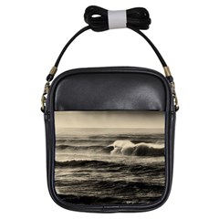 Sea Ocean Waves Sunset Sunrise Rough Seas Nature Black White Girls Sling Bag by danenraven