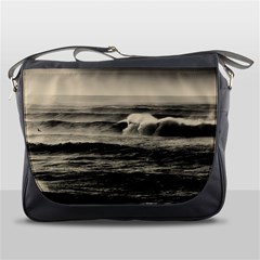 Sea Ocean Waves Sunset Sunrise Rough Seas Nature Black White Messenger Bag by danenraven