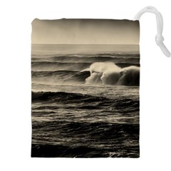 Sea Ocean Waves Sunset Sunrise Rough Seas Nature Black White Drawstring Pouch (4xl) by danenraven