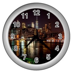 New York City Panorama Urban Hudson River Water Wall Clock (silver) by danenraven