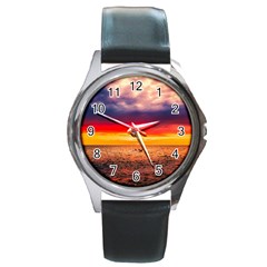 Denmark Sunset Dusk Sky Clouds Sea Ocean Water Round Metal Watch by danenraven