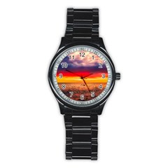 Denmark Sunset Dusk Sky Clouds Sea Ocean Water Stainless Steel Round Watch by danenraven