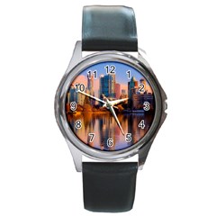 Vancouver Canada Sea Ocean Reflections Skyline Round Metal Watch by danenraven