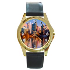 Vancouver Canada Sea Ocean Reflections Skyline Round Gold Metal Watch by danenraven