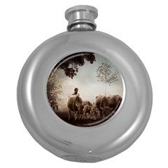 Man Cattle Animals Cows Bulls Calves Mammals Round Hip Flask (5 Oz) by danenraven