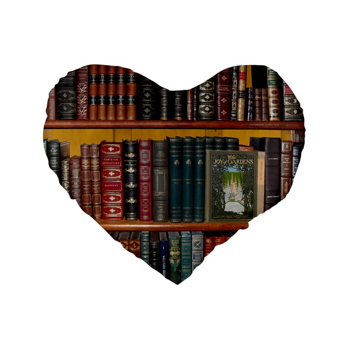 Books Library Bookshelf Bookshop Vintage Antique Standard 16  Premium Heart Shape Cushions