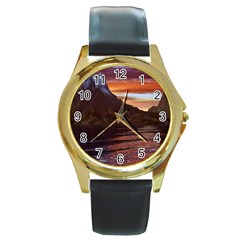 Sunset Island Tropical Sea Ocean Water Travel Round Gold Metal Watch by danenraven