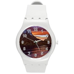 Sunset Island Tropical Sea Ocean Water Travel Round Plastic Sport Watch (m) by danenraven