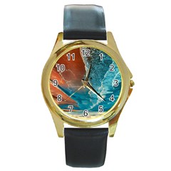 Sea Ocean Coastline Coast Sky Clouds Beach Sand Round Gold Metal Watch by danenraven