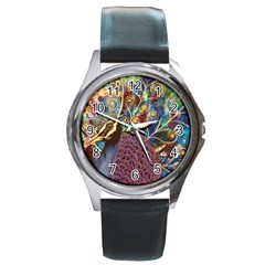 Peacock Mixed Media Bird Animal Round Metal Watch by danenraven