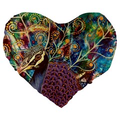 Peacock Mixed Media Bird Animal Large 19  Premium Flano Heart Shape Cushions by danenraven