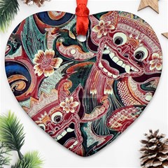 Indonesia Bali Batik Fabric Impression Patterns Heart Ornament (two Sides) by danenraven