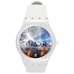 Dolomites Mountains Alps Alpine Trees Conifers Round Plastic Sport Watch (m) by danenraven