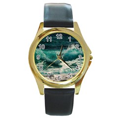 Sea Ocean Waves Seascape Beach Round Gold Metal Watch by danenraven