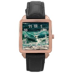 Sea Ocean Waves Seascape Beach Rose Gold Leather Watch  by danenraven