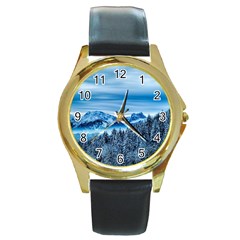 Winter Forest Mountain Snow Nature Alpine Trees Round Gold Metal Watch by danenraven