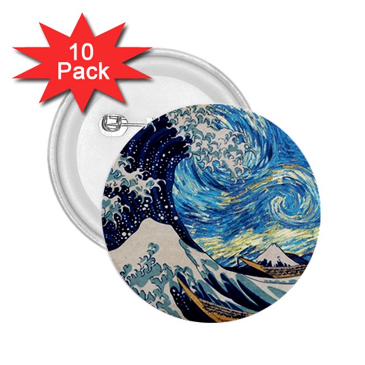 The Great Wave Of Kanagawa Painting Starry Night Vincent Van Gogh 2.25  Buttons (10 pack) 