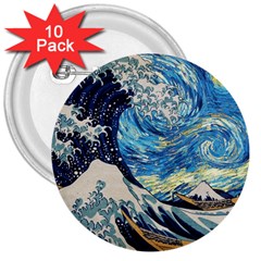 The Great Wave Of Kanagawa Painting Starry Night Vincent Van Gogh 3  Buttons (10 Pack)  by danenraven