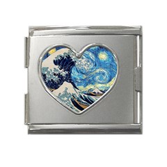 The Great Wave Of Kanagawa Painting Starry Night Vincent Van Gogh Mega Link Heart Italian Charm (18mm) by danenraven