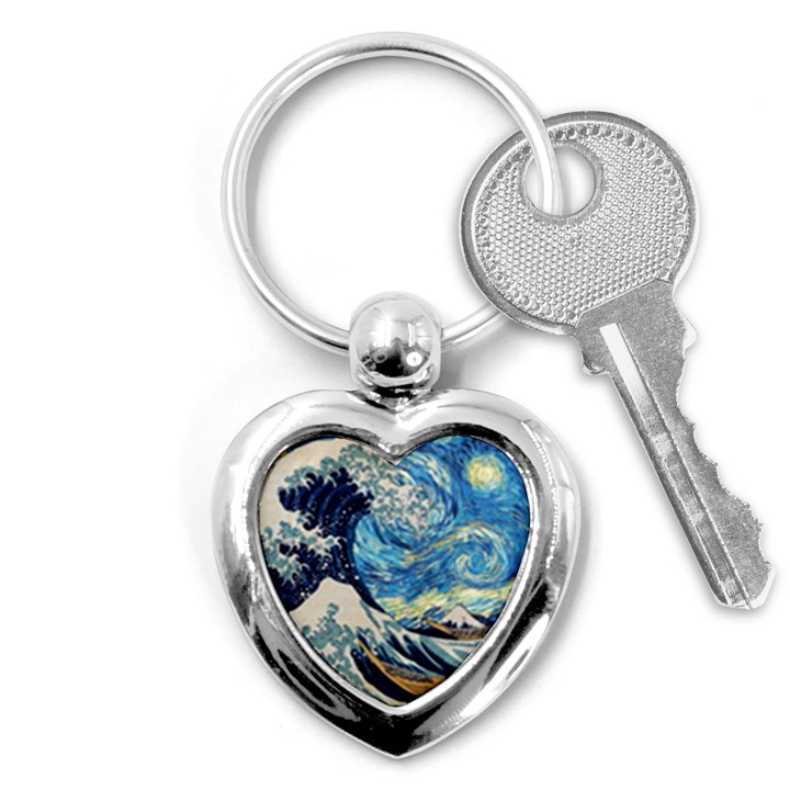 The Great Wave Of Kanagawa Painting Starry Night Vincent Van Gogh Key Chain (Heart)