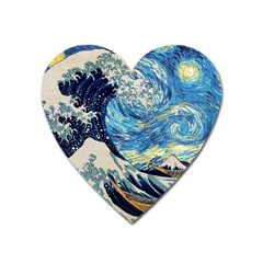 The Great Wave Of Kanagawa Painting Starry Night Vincent Van Gogh Heart Magnet by danenraven