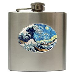 The Great Wave Of Kanagawa Painting Starry Night Vincent Van Gogh Hip Flask (6 Oz) by danenraven