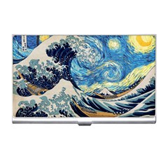 The Great Wave Of Kanagawa Painting Starry Night Vincent Van Gogh Business Card Holder by danenraven