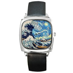 The Great Wave Of Kanagawa Painting Starry Night Vincent Van Gogh Square Metal Watch by danenraven