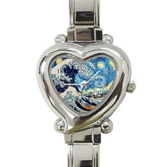 The Great Wave Of Kanagawa Painting Starry Night Vincent Van Gogh Heart Italian Charm Watch by danenraven