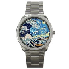 The Great Wave Of Kanagawa Painting Starry Night Vincent Van Gogh Sport Metal Watch by danenraven