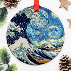 The Great Wave Of Kanagawa Painting Starry Night Vincent Van Gogh Round Ornament (two Sides) by danenraven