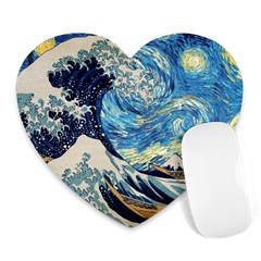 The Great Wave Of Kanagawa Painting Starry Night Vincent Van Gogh Heart Mousepad by danenraven