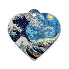 The Great Wave Of Kanagawa Painting Starry Night Vincent Van Gogh Dog Tag Heart (one Side) by danenraven