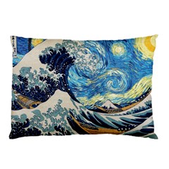 The Great Wave Of Kanagawa Painting Starry Night Vincent Van Gogh Pillow Case by danenraven