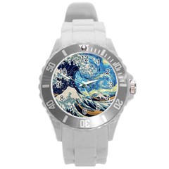 The Great Wave Of Kanagawa Painting Starry Night Vincent Van Gogh Round Plastic Sport Watch (l) by danenraven