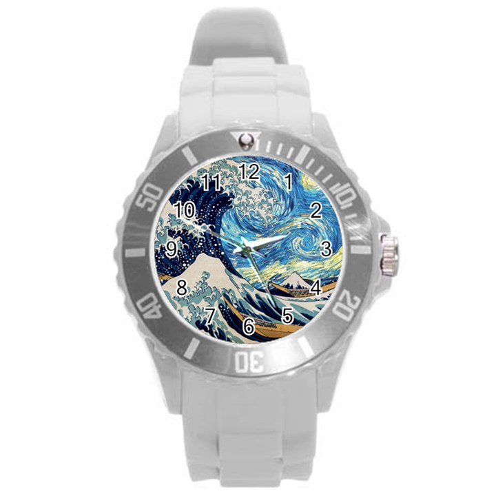 The Great Wave Of Kanagawa Painting Starry Night Vincent Van Gogh Round Plastic Sport Watch (L)