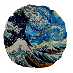 The Great Wave Of Kanagawa Painting Starry Night Vincent Van Gogh Large 18  Premium Round Cushions by danenraven