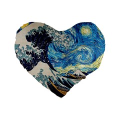 The Great Wave Of Kanagawa Painting Starry Night Vincent Van Gogh Standard 16  Premium Heart Shape Cushions by danenraven