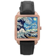 The Great Wave Of Kanagawa Painting Starry Night Vincent Van Gogh Rose Gold Leather Watch  by danenraven