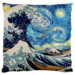 The Great Wave Of Kanagawa Painting Starry Night Vincent Van Gogh Large Flano Cushion Case (two Sides) by danenraven