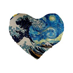 The Great Wave Of Kanagawa Painting Starry Night Vincent Van Gogh Standard 16  Premium Flano Heart Shape Cushions by danenraven