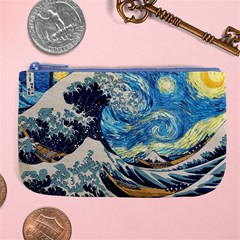 The Great Wave Of Kanagawa Painting Starry Night Vincent Van Gogh Large Coin Purse by danenraven