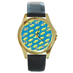 Pattern Aliens Round Gold Metal Watch by artworkshop